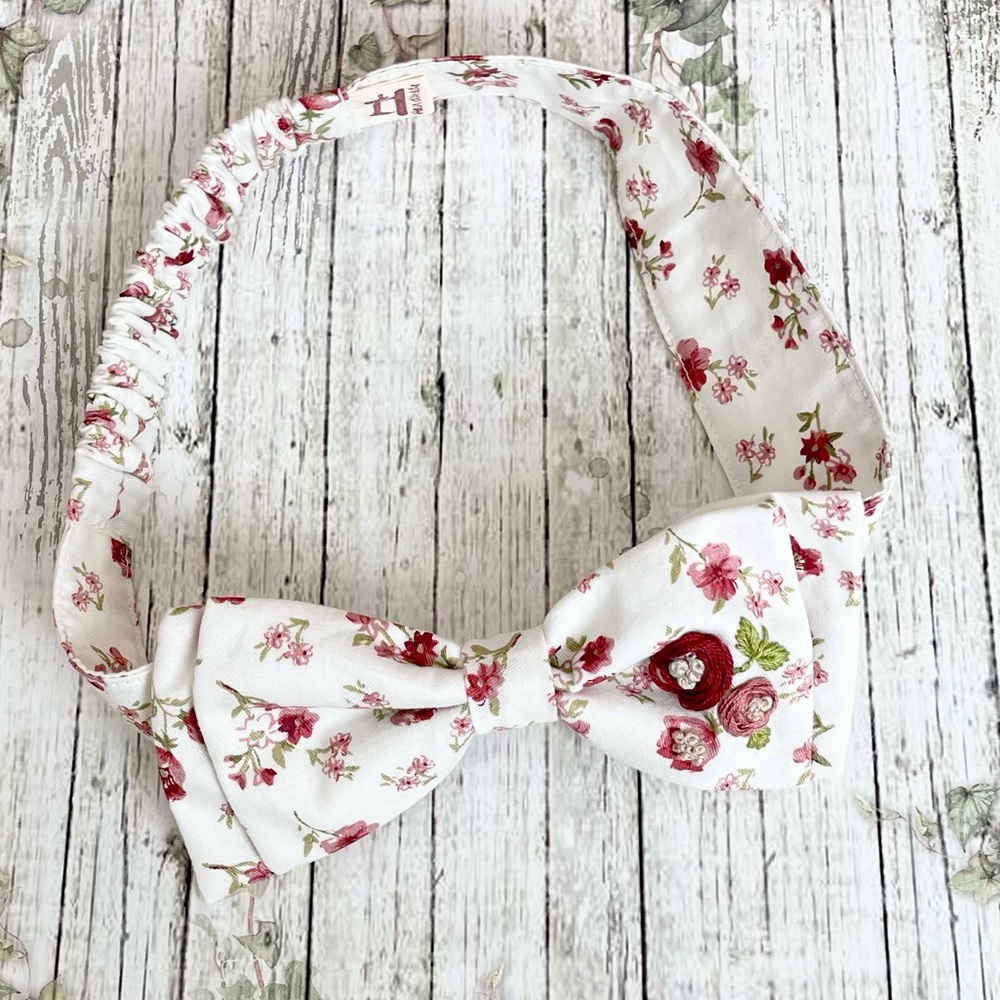 Girls Handmade Floral Print Pattern Cotton Bow Headband Cream/Burgundy NEW OS